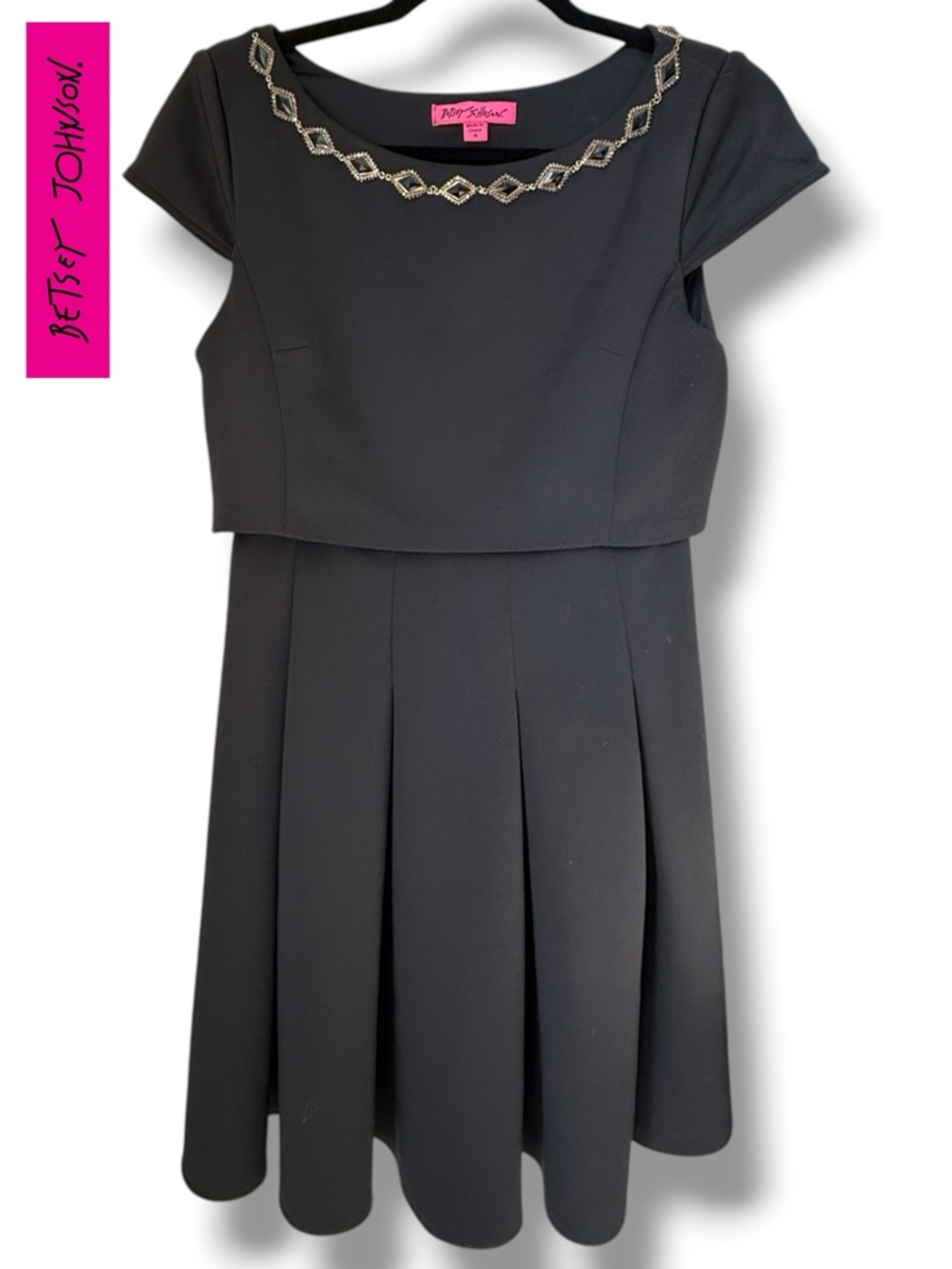 Betsey Johnson Dress Black Cap-Sleeve Jewel Embellished Scuba Cocktail | 4 | NWT